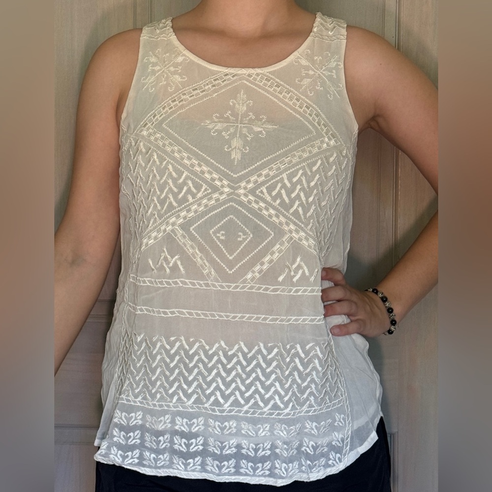 Cream colored embroidered pattern tank top